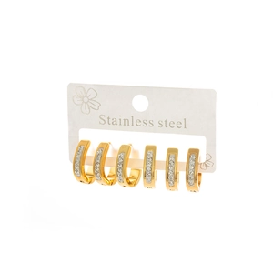 Three pairs of elegant gold stainless steel U-shaped hoop earrings with inlaid clear crystals