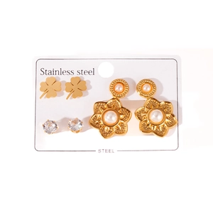 Three-pair set of vintage 18k gold plated stainless steel floral and clover stud earrings