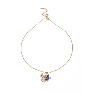 Golden heart and book pendant necklace with blue graduation cap on white background