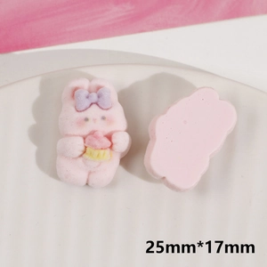 Macro view of flocking pink rabbit resin charms for DIY craft with 25mm by 17mm dimensions