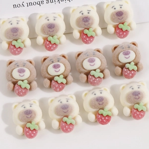 3D flocked resin brown bear with strawberry DIY accessory for hair clips and phone cases