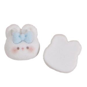 Cartoon white flocked bunny resin patch with blue bow for DIY hairclip accessories