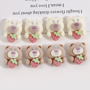 Flocked resin cartoon strawberry bear DIY charms in beige and light brown finishes