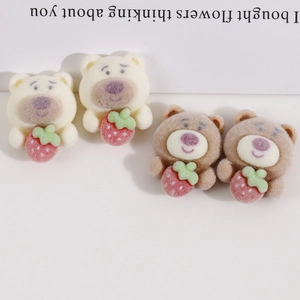 Flocked resin strawberry bear charms in cream and light brown for DIY hair accessories