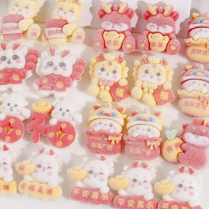 Detail view of cartoon dragon resin flatbacks with festive Chinese New Year blessing themes