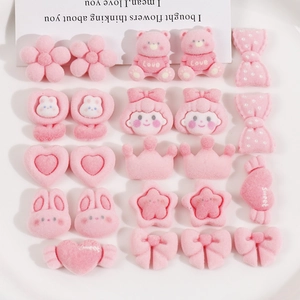 DIY Flocked Resin Charms Light Pink Cartoon Bear Rabbit Heart Bow Accessories For Jewelry Making Hair Clip Phone Case Decor