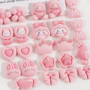 Pink flocked resin DIY accessory charms set with cute bears hearts and flower shapes
