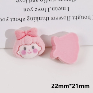Pink flocked girl charm for DIY hair clips 22mm x 21mm showing front and back detail
