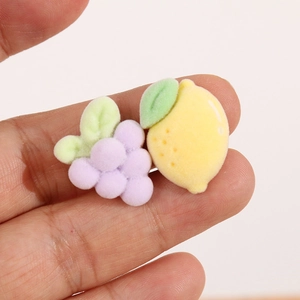 Miniature flocked fruit charms including purple grapes and yellow lemon for DIY hair accessories