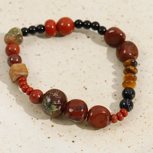 Retro 12mm ethnic style ceramic painted beads bracelet with natural stone and wood