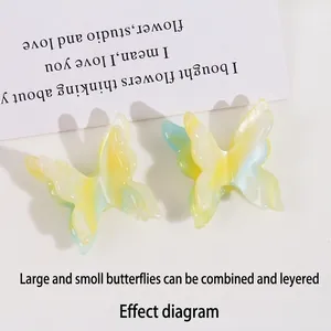 Gradient yellow and green acetate butterfly hair clips set on a decorative white card