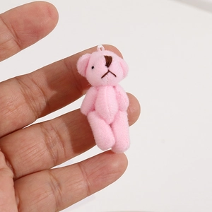 Pink mini plush cartoon bear keychain pendant with a clear plastic hanging loop