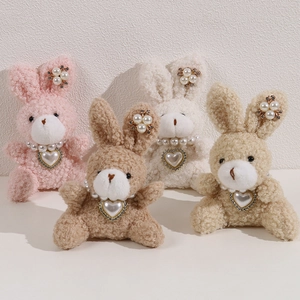 Cute Plush Bunny Rabbit Doll With Artificial Pearl Necklace Heart Pendant Rhinestone Decor For DIY Accessories Home Decoration Gift