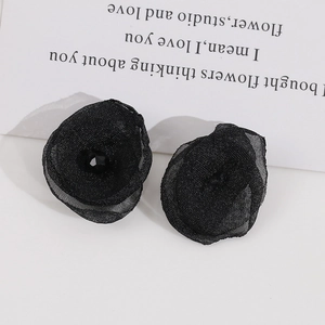 Detailed view of elegant black mesh flower earrings with central faceted crystal beads