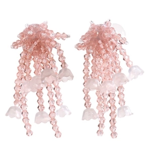 Pink crystal beaded long tassel earrings with white frosted lily of the valley flower beads