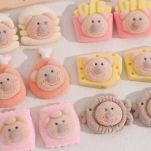 Detailed view of flocked resin DIY accessories featuring cute bears and mini food shapes