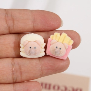 Mini flocked bear hamburger and fries charms for creative DIY phone case decoration