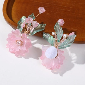 Accessoires cheveux faits main fleurs roses et feuilles vertes avec perles blanches