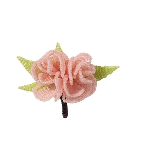 Handmade beaded pink rose with green leaves accessory for DIY hair clips and jewelry