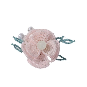 Flor de cuentas rosa con hojas verdes y perlas blancas para accesorios de pelo DIY