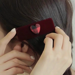 Vintage burgundy velvet hair clip with a red plaid heart button for DIY hair accessories