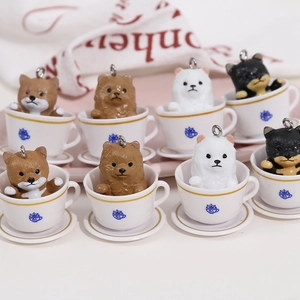 Miniature resin teacup puppies with metal rings for creative DIY jewelry and keychains