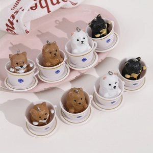 Detail of 8 cute miniature teacup puppy resin charms with metal rings for DIY crafts
