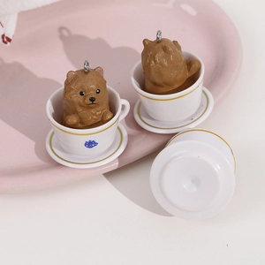 Detailed front, back, and bottom views of miniature puppy in teacup DIY charm figurines