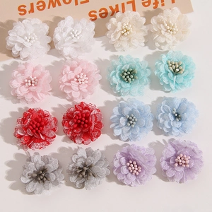 Set of 16 multi-layer lace fabric flowers with realistic stamens in 8 assorted colors