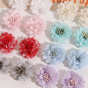 Multi-colored layered mesh fabric flowers with 3D stamens for DIY craft accessories
