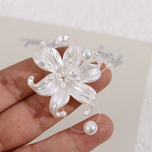 Glossy pearlescent white flower charm with faux pearls for DIY jewelry making and crafts