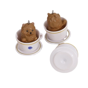 Creative miniature teacup Pomeranian figurine with gold trim for DIY charms and desktop decor