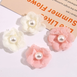 Pink and white chiffon camellia flowers with pearl center for DIY hair accessories