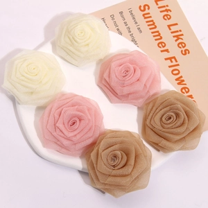 Set of 6 chiffon mesh rose flowers in beige and pink for DIY garment and hat accessories
