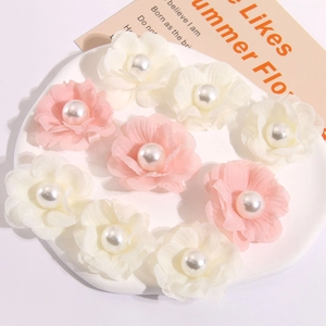 Pink and white chiffon camellia flower patches with pearls for DIY hair accessories
