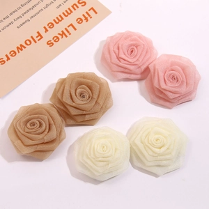 Handmade 6-piece set of mesh chiffon rose flowers in pink, champagne, and white colors