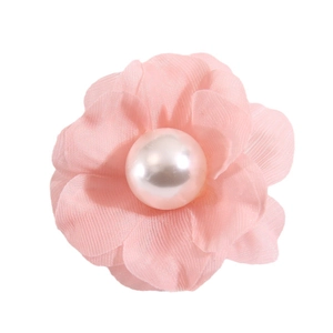 Pink chiffon mesh camellia flower with central pearl for DIY hair accessories and clothing