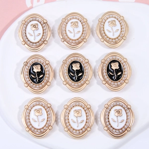 Vintage Alloy Artificial Pearl Rose Flower DIY Jewelry Accessory Oval Enamel Rose Button For Hair Tie Headdress Craft Material