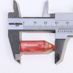 Red pearlescent resin pencil charm measured with a caliper, 26mm DIY craft accessory
