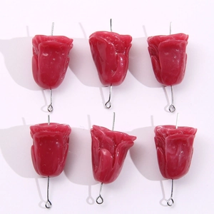 Lot de 6 roses en résine rouge foncé avec tiges argentées pour création bijoux