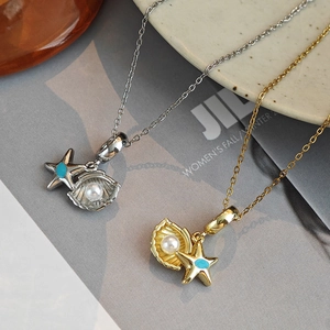 Starfish and shell pearl necklaces in gold and silver finish with blue enamel accents
