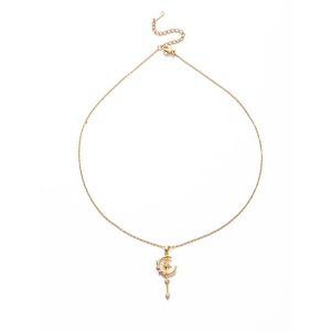 Elegant gold star and moon tassel necklace with cubic zirconia on a minimalist chain