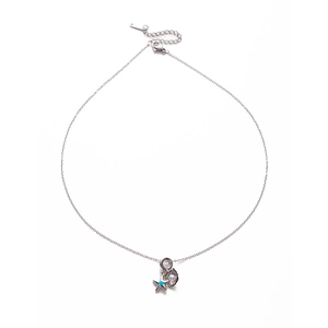 Detail of silver starfish and shell pendant necklace with blue coating and pearls