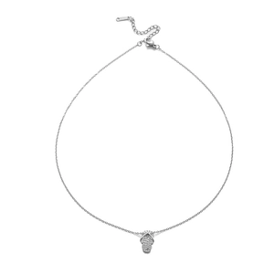 Macro view of silver flip-flop pendant with shimmering pavé set cubic zirconia stones