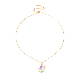 Collana vintage dorata con ciondolo a fiori e farfalle e smalto a tulipano colorato