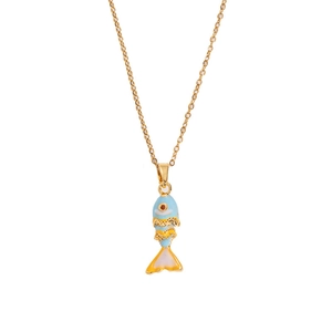 Colorful fish pendant necklace with blue and yellow enamel details on a gold chain
