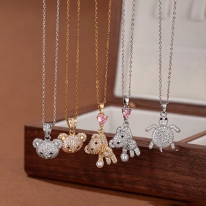 Exquisite Bear Heart Pendant Necklace For Women Stainless Steel Chain Zirconia Artificial Pearl Animal Charm Fashion Jewelry Gift