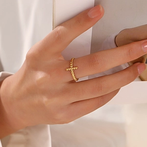 Anillo Abierto Ajustable De Acero Inoxidable Con Cruz De Cuentas Para Mujer Joyería Étnica Retro Tono Dorado