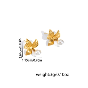 Detailed view of golden flower earrings with pearls and dimensions showing 2.64cm height