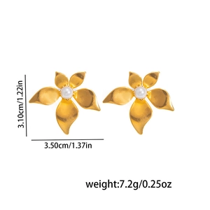 Detailed view of matte gold flower stud earrings with center white pearl and dimensions